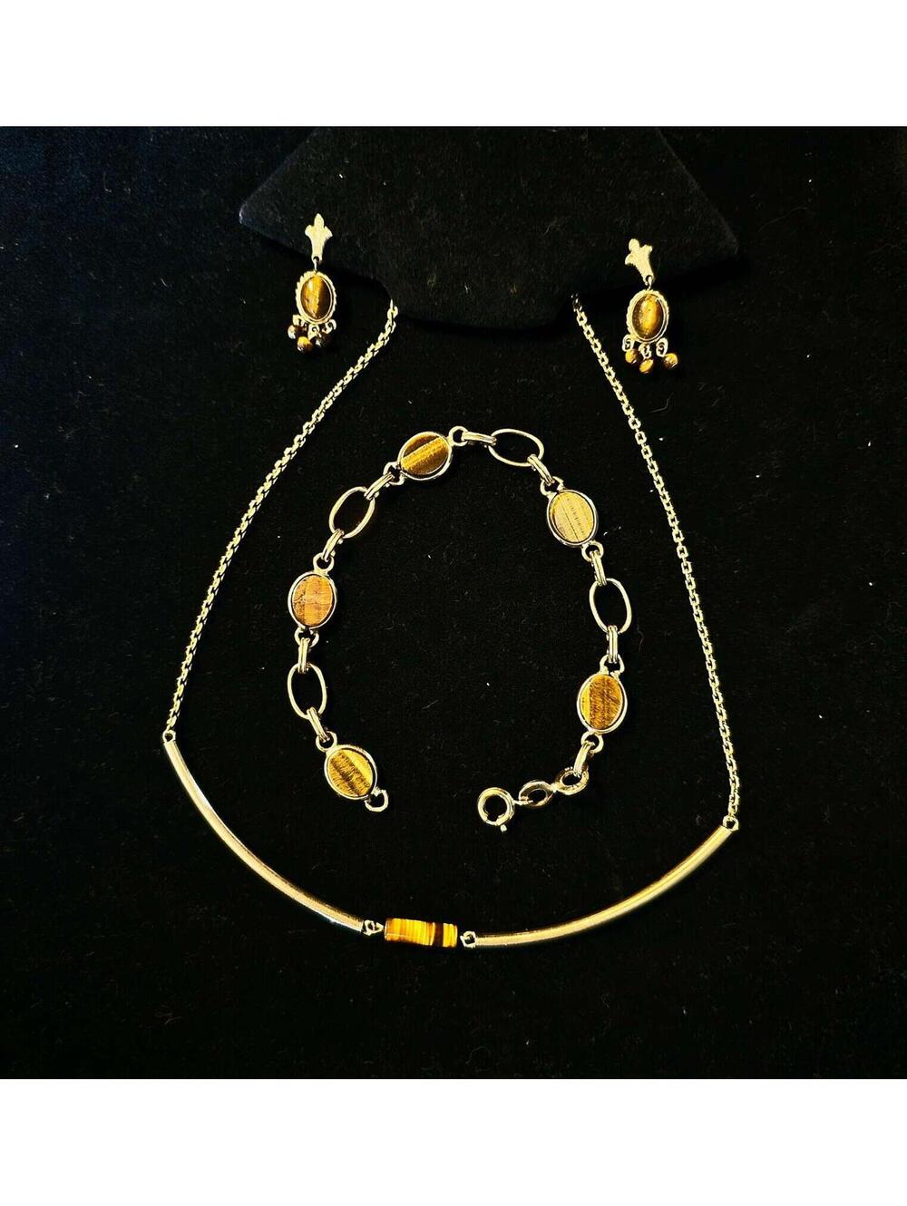Vintage Winard Jewelry Set 12K G.F. Tigers Eye Necklace Bracelet Earrings